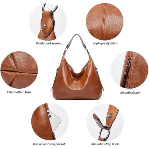 Hobo Bag for Women, Leather Tote Bag, Shoulder Purse Handbag with Zipper - Picture 3 of 6